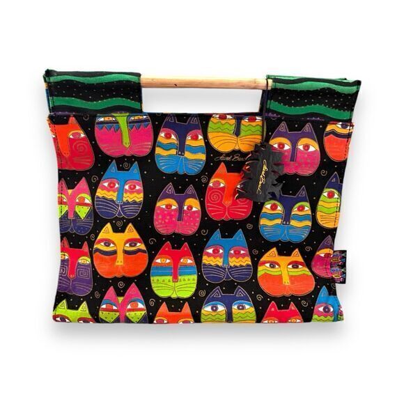 Vintage Laurel Burch Bright Colorful Cat Faces Canvas Purse Tote Handbag Bamboo - Picture 1 of 7